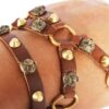 Gucci Gold Tone Tang Buckle Feline Head Palm Wrap Bracelet In Brown Leather