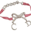 Authentic Christian Dior Ribbon Rinestone Chain Bracelet Silver Tone Pink 6179K