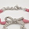 Authentic Christian Dior Ribbon Rinestone Chain Bracelet Silver Tone Pink 6179K