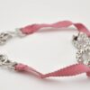 Authentic Christian Dior Ribbon Rinestone Chain Bracelet Silver Tone Pink 6179K