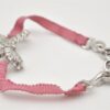 Authentic Christian Dior Ribbon Rinestone Chain Bracelet Silver Tone Pink 6179K